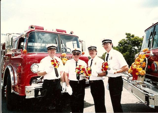 Pictured from left to right Assistant Chief Bruce Penuel, Fire Chief Dennis Parker, Assistant Chief Jeffrey L. Wentworth and Assistant Chief Dean Miller.  Picture taken at our housing ceremony for our first two E-One Engines