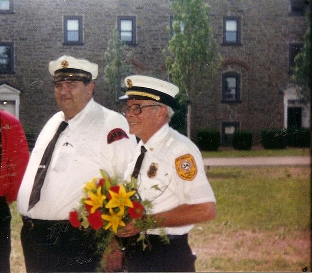 Pictured from left Past Chief Dave &quot;Super Chief&quot; Myers, Perkiomen Twp Fire Company and Past Chief Dennis D. Parker, right, Collegeville Fire Company