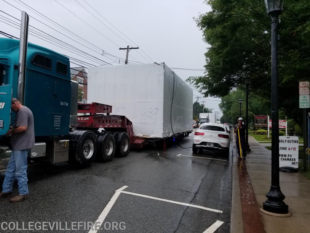 Over size load, pulls down wires and damages building in the 300 block of E. Main Street, Collegeville Borough.