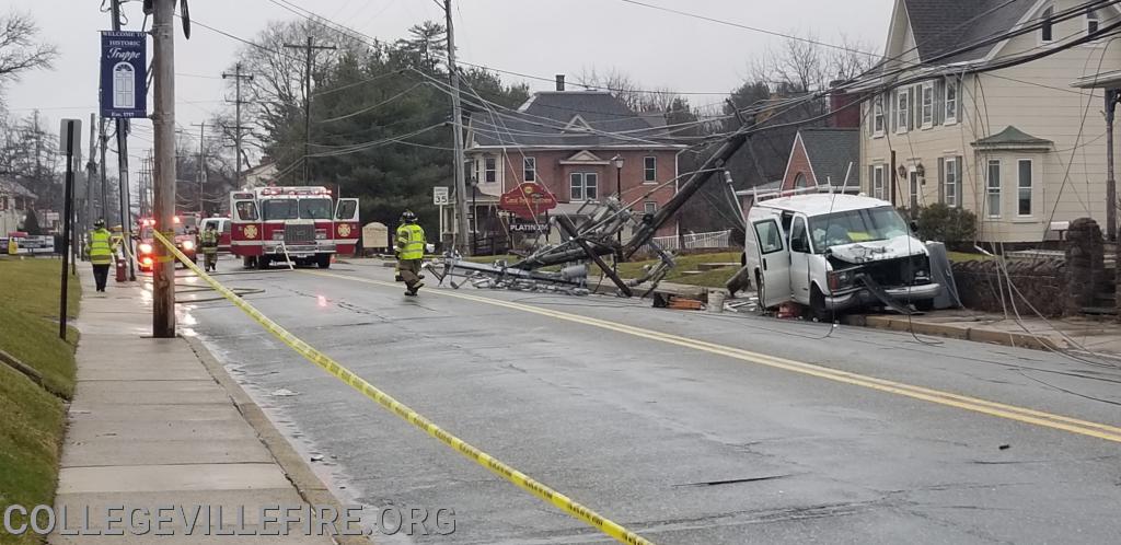 MVA with Rescue 300 Block of W. Main Street, Trappe Borough.  Pole and wires down.  Roadway was closed for over 10 hours for PECO to replace pole and restore electric.